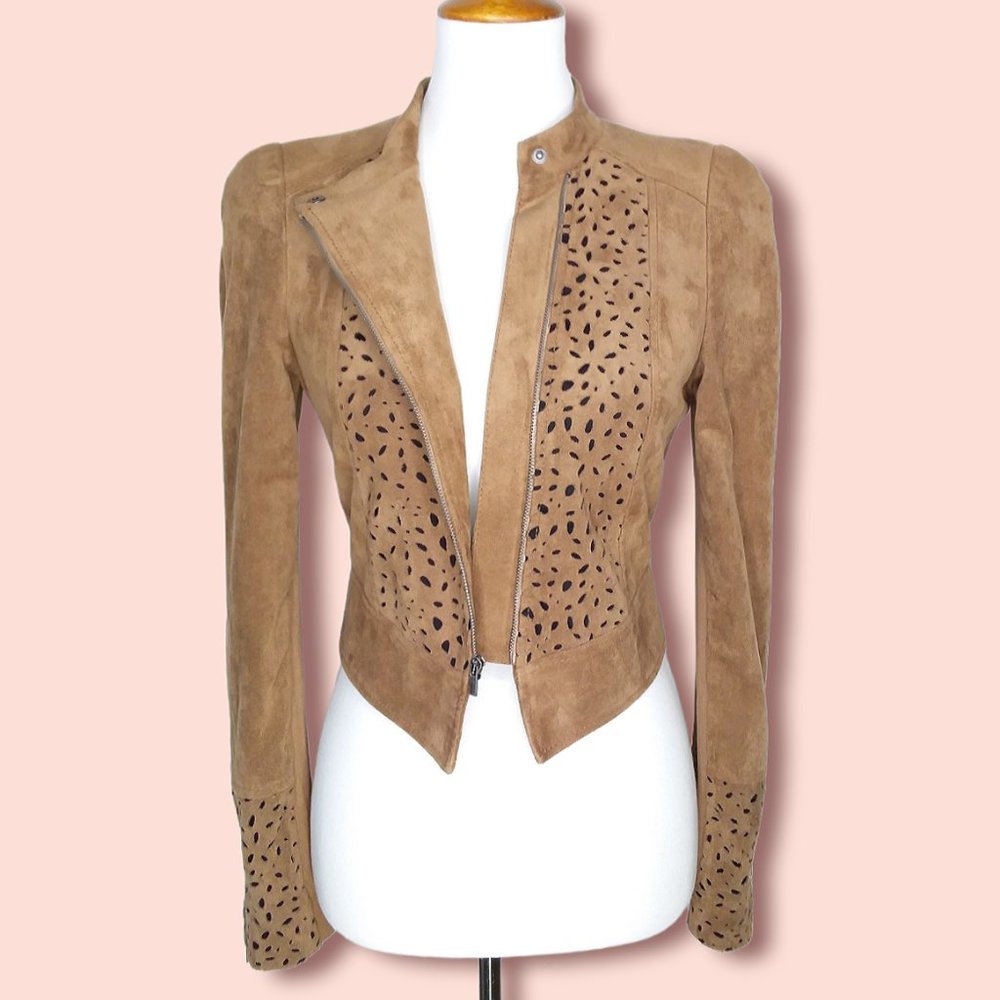 BCBGMaxAzria Skyler Faux Suede Cropped Moto Jacket Size Small Laser Cutouts - Picture 3 of 11